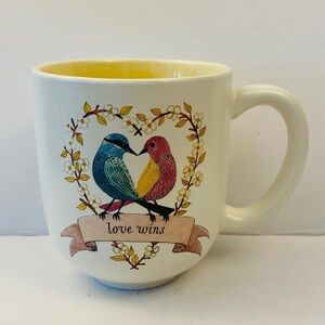 HALLMARK coffee cup love wins birds 12 ounces flowers wreath banner off-white